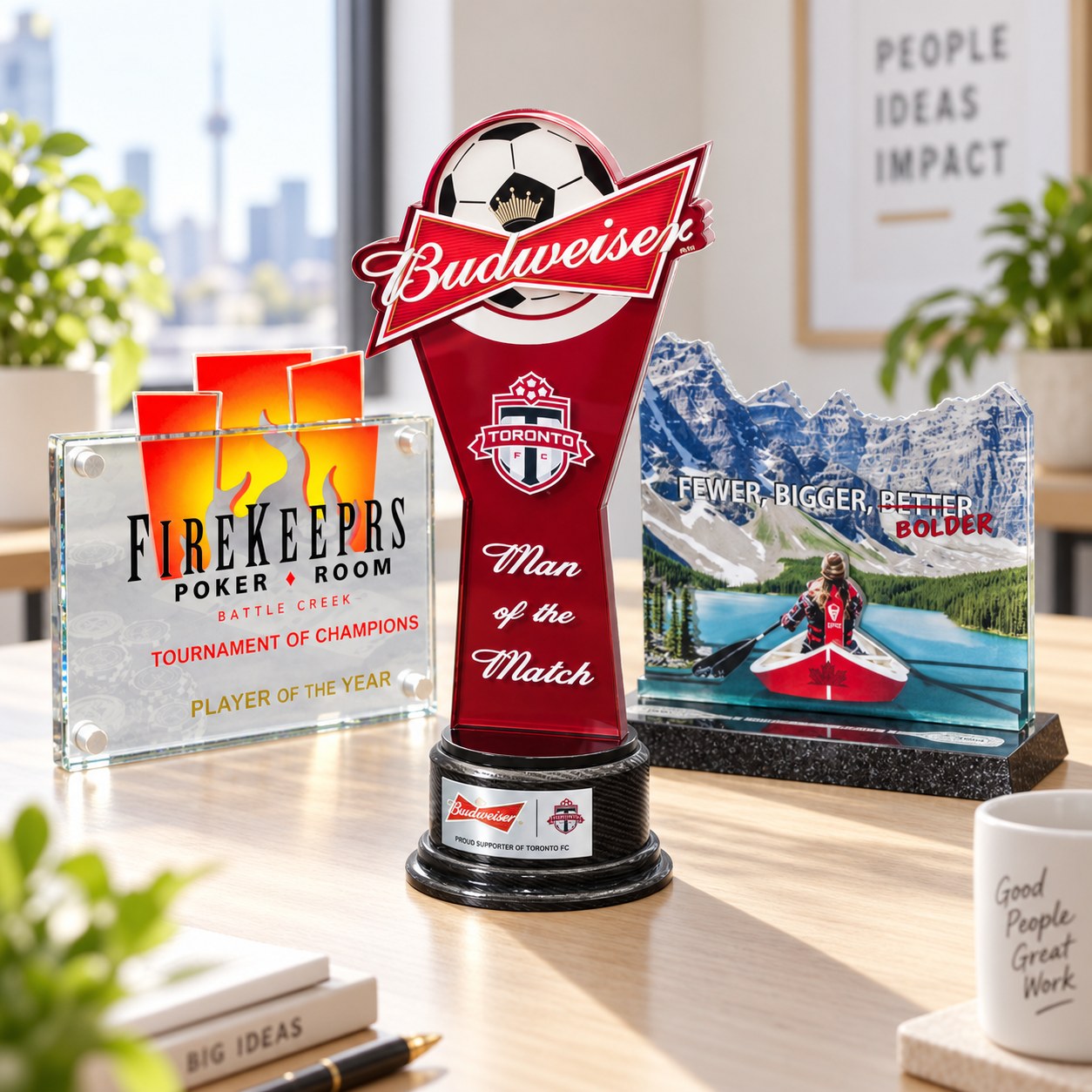Three colorful custom awards displayed in a bright creative office