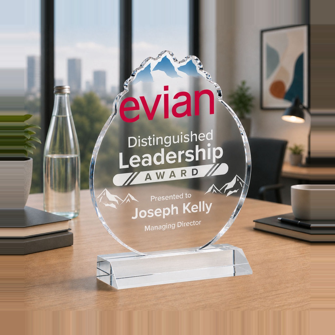 Clear leadership award displayed in an office