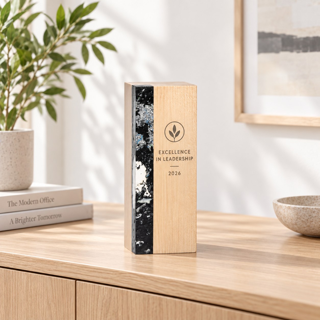 Single sustainable wood and recycled-resin leadership award in a bright office